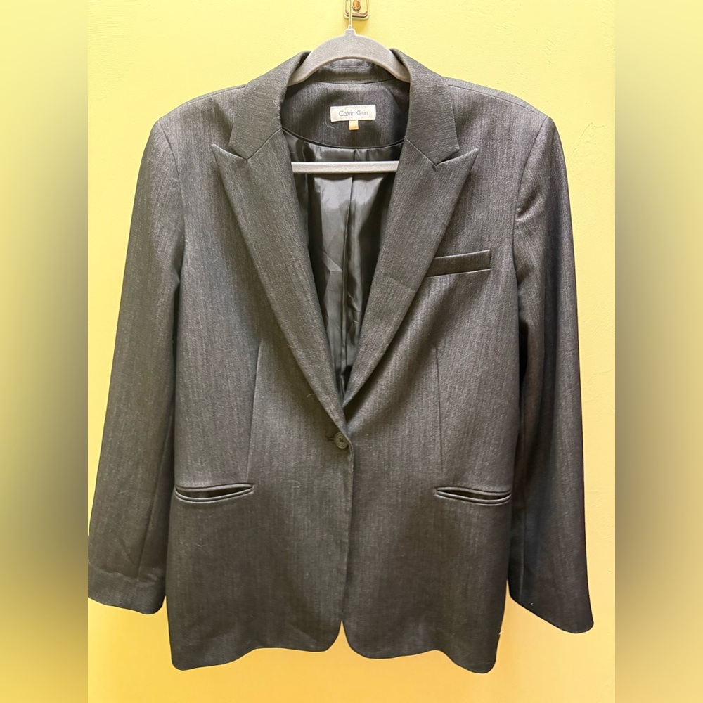 Calvin Klein Women's Gray Stretch Denim Single-Button Blazer Size 14